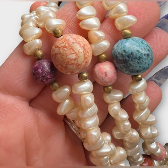 Vintage Double Strand Pearl & Gemstone Beaded Necklace Jade Jasper Amazonite etc - Picture 10 of 12